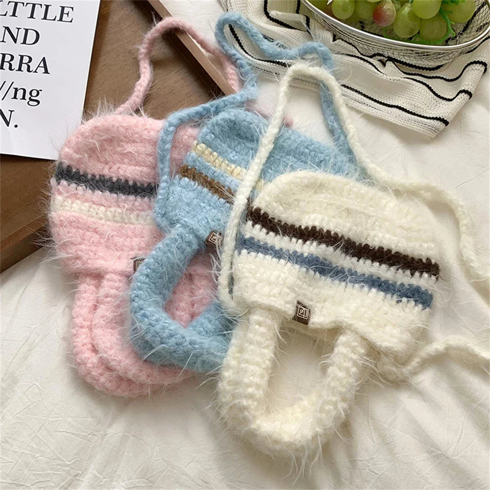 eybag - Coarse Crochet Knitted Shopping Bag Women's Winter Clashing Wool Tote Bag Mini Plush Crossbody Shoulder Bag Mobile Phone Handbag