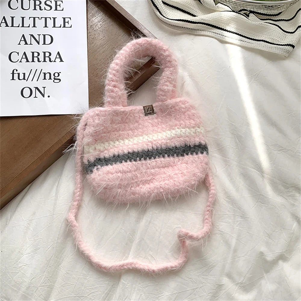 eybag - Coarse Crochet Knitted Shopping Bag Women's Winter Clashing Wool Tote Bag Mini Plush Crossbody Shoulder Bag Mobile Phone Handbag