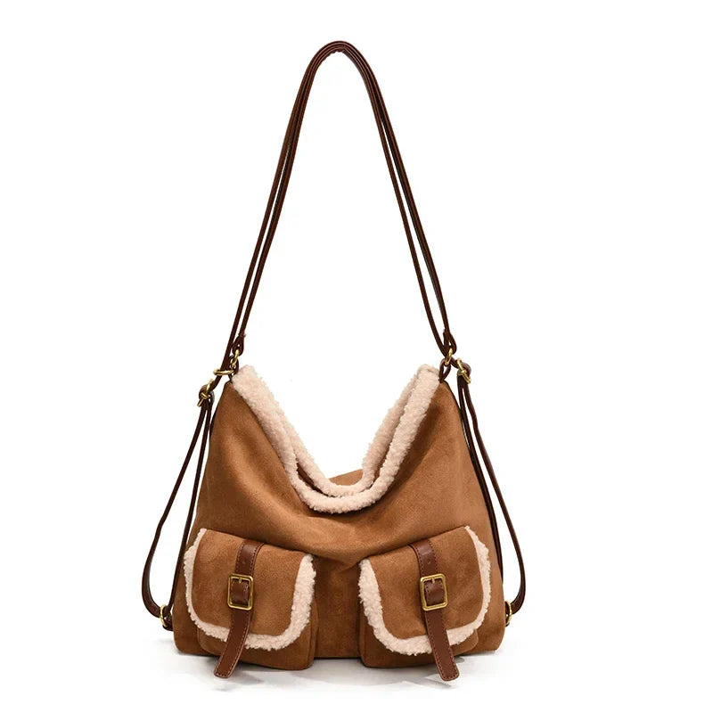 eybag - Retro PU Leather Double Pockets Shoulder Bag for Women 2024 Winter Trend New Y2K Plush Handbags Females Crossbody Bags
