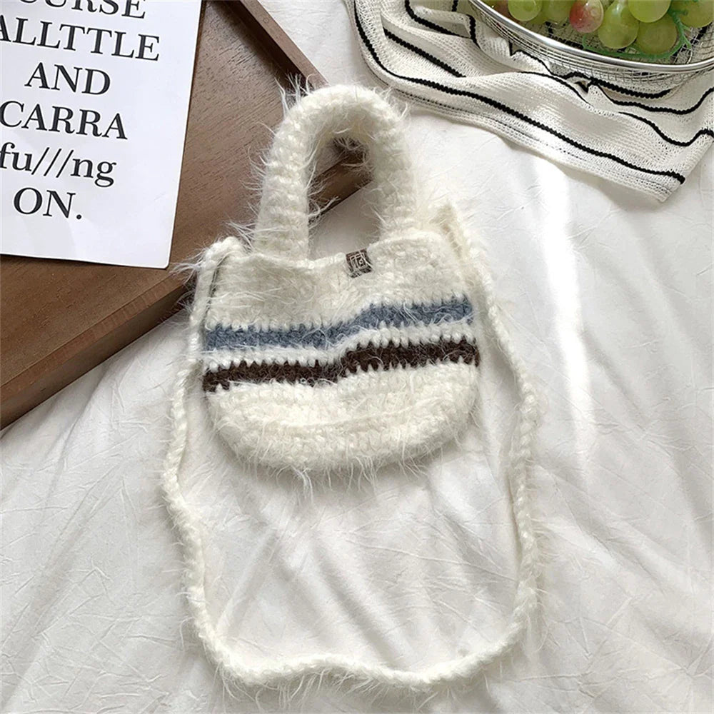 eybag - Coarse Crochet Knitted Shopping Bag Women's Winter Clashing Wool Tote Bag Mini Plush Crossbody Shoulder Bag Mobile Phone Handbag