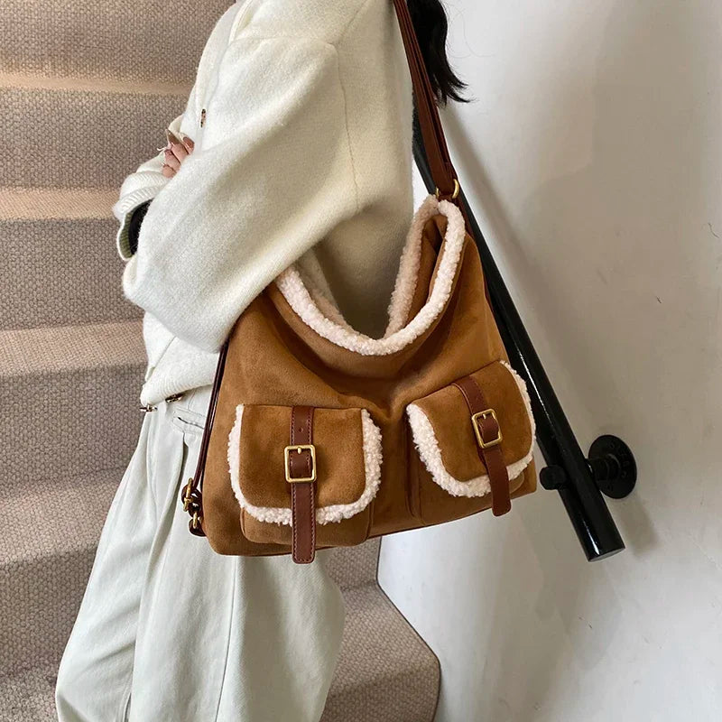eybag - Retro PU Leather Double Pockets Shoulder Bag for Women 2024 Winter Trend New Y2K Plush Handbags Females Crossbody Bags