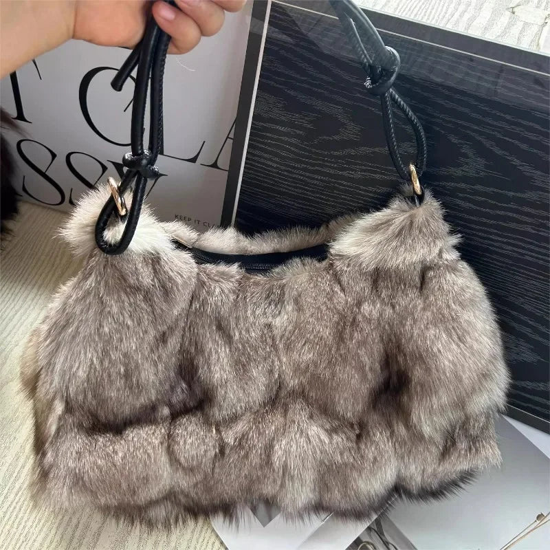 eybag - NEW Real Fox Fur Woman Ladies Crossbody Bags Designer Luxury Handbags Women Handbag Shoulder Bag Fuzzy Fluffy Tote Bag