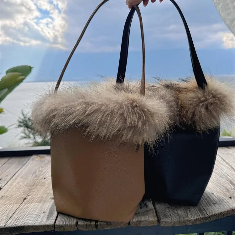 eybag - NEW fur Leather Bucket Bag for Women New Vintage messenger High Quality Simple Handbag Lady Shoulder Luxury bag female