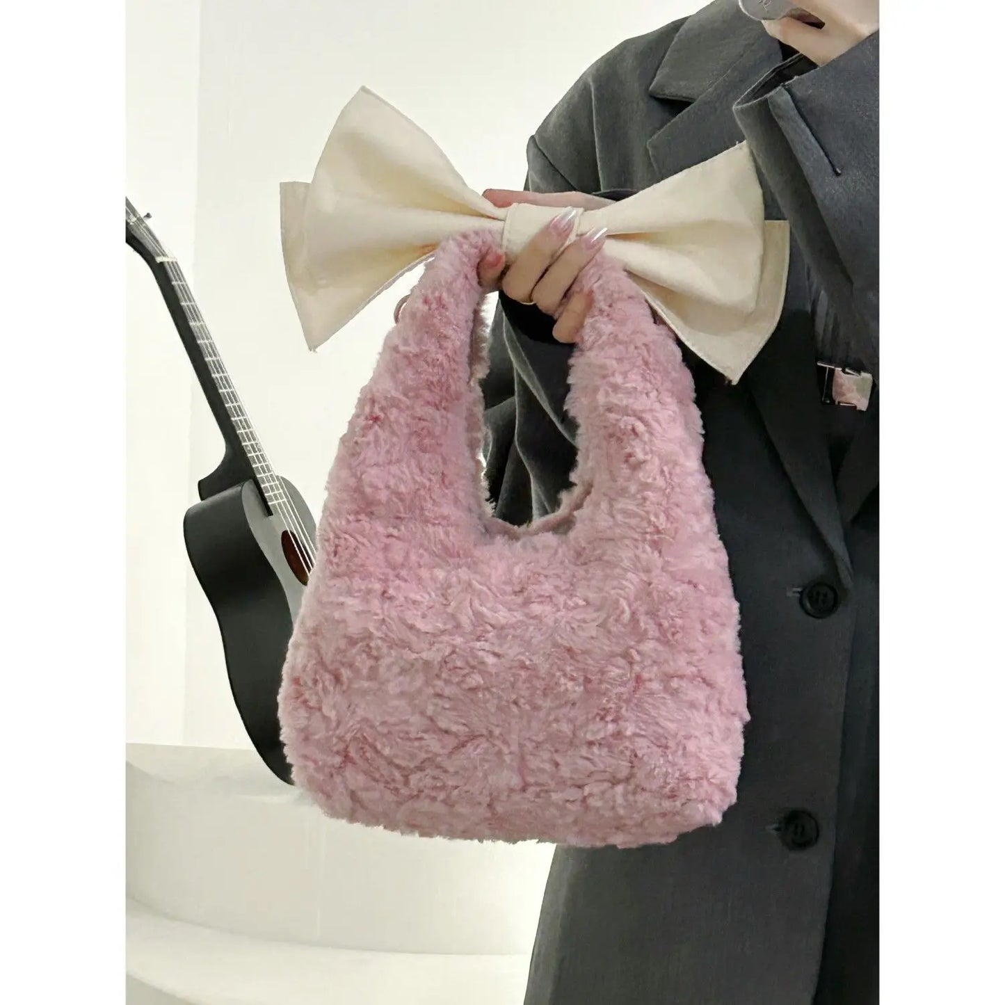 eybag - Korean Instagram Style Pink Girl Plush Bag New Autumn Winter Niche Korean Version Versatile and Simple Bow Handbag