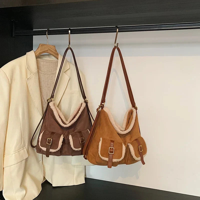 eybag - Retro PU Leather Double Pockets Shoulder Bag for Women 2024 Winter Trend New Y2K Plush Handbags Females Crossbody Bags