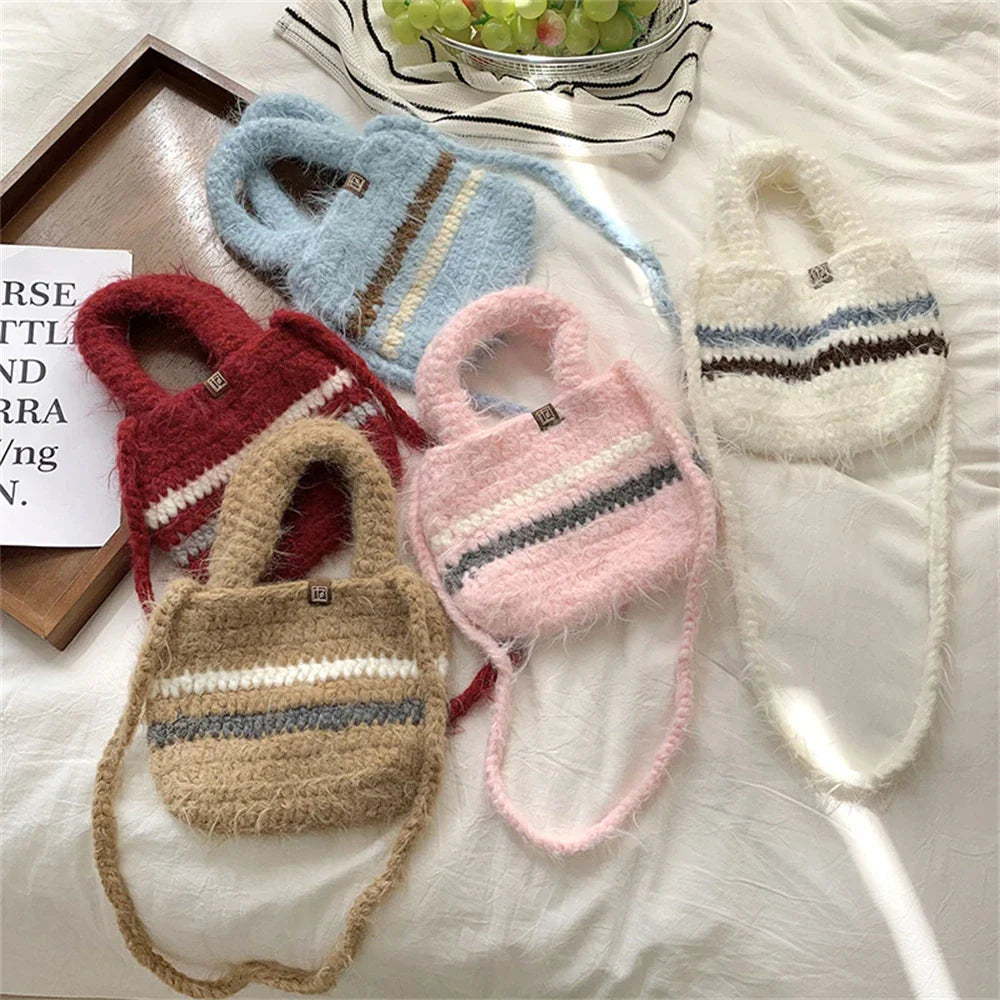 eybag - Coarse Crochet Knitted Shopping Bag Women's Winter Clashing Wool Tote Bag Mini Plush Crossbody Shoulder Bag Mobile Phone Handbag