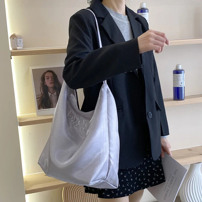eybag - Women's Single Shoulder Bag Letter Embroidery Satin Large Capacity Tote Bags Leisure Commuter Handbag Lightweight