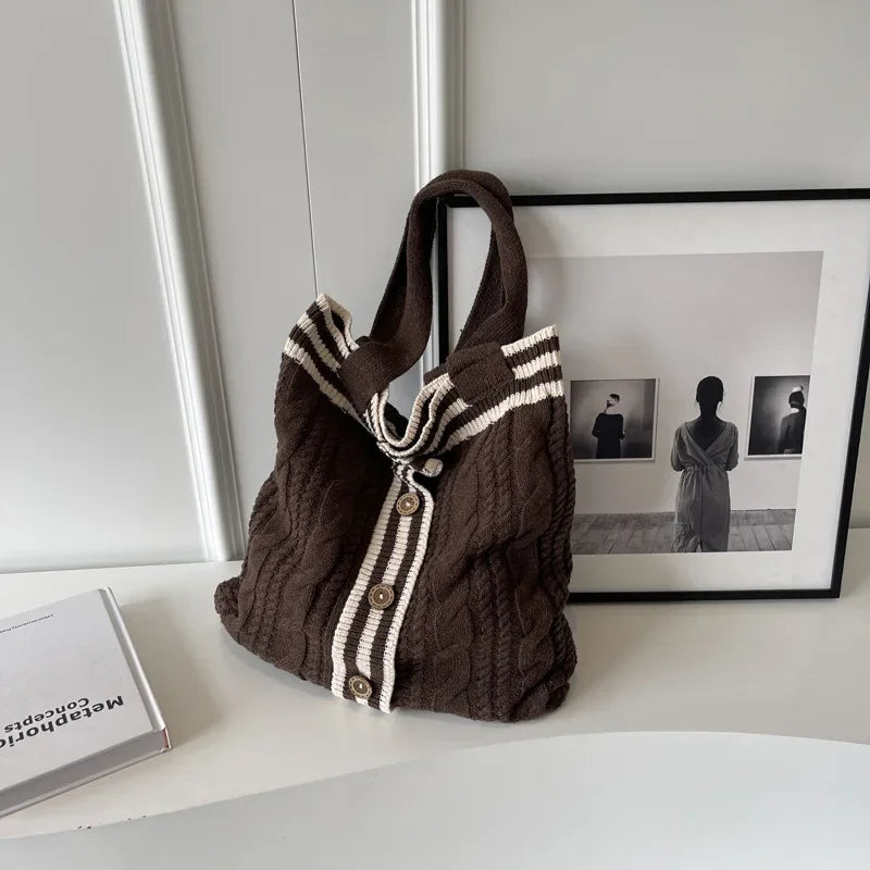 eybag - Autumn and Winter New Contrast Color Knitted Bag Women's Commuter Handbag Fashion Large Capacity One Shoulder Bag