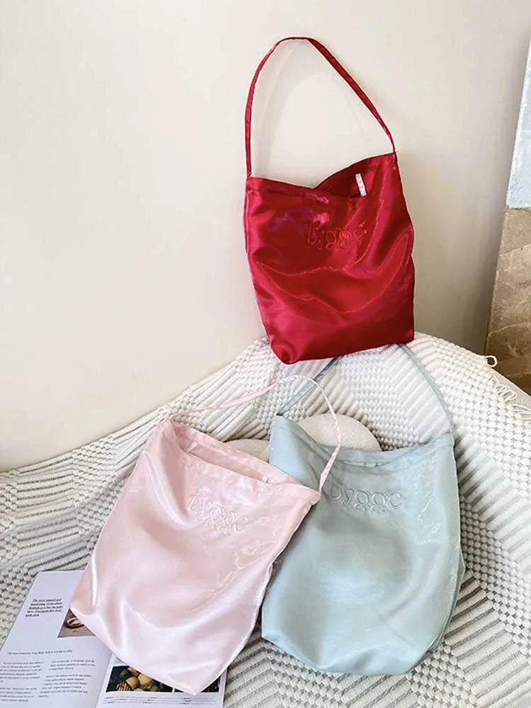 eybag - Women's Single Shoulder Bag Letter Embroidery Satin Large Capacity Tote Bags Leisure Commuter Handbag Lightweight