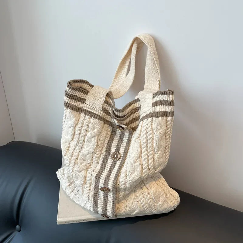 eybag - Autumn and Winter New Contrast Color Knitted Bag Women's Commuter Handbag Fashion Large Capacity One Shoulder Bag