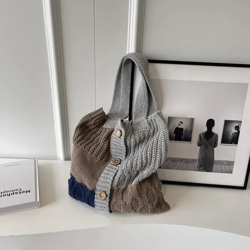 eybag - Autumn and Winter New Contrast Color Knitted Bag Women's Commuter Handbag Fashion Large Capacity One Shoulder Bag