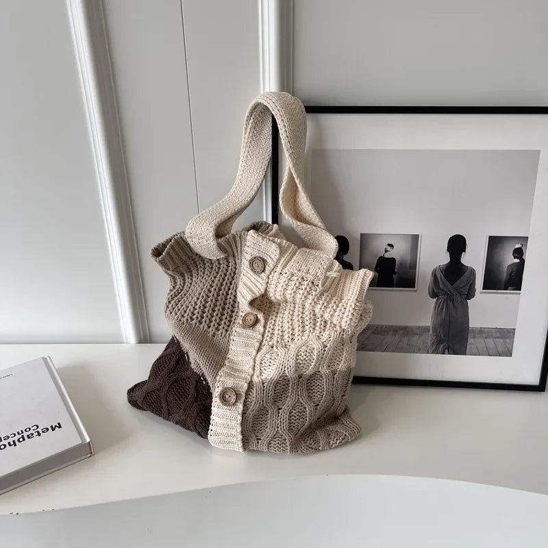eybag - Autumn and Winter New Contrast Color Knitted Bag Women's Commuter Handbag Fashion Large Capacity One Shoulder Bag