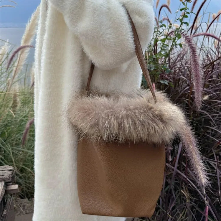 eybag - NEW fur Leather Bucket Bag for Women New Vintage messenger High Quality Simple Handbag Lady Shoulder Luxury bag female