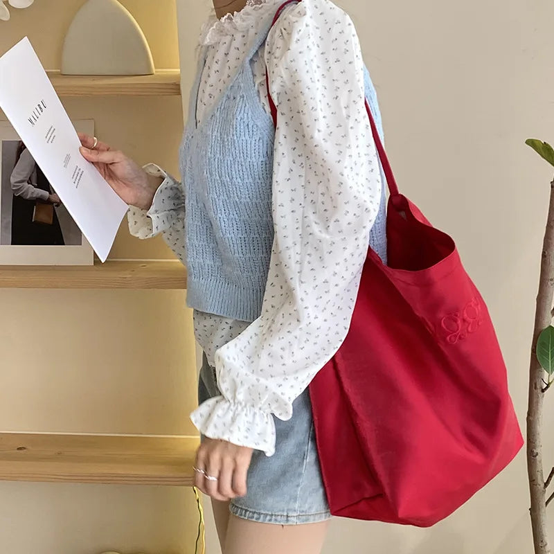 eybag - Women's Single Shoulder Bag Letter Embroidery Satin Large Capacity Tote Bags Leisure Commuter Handbag Lightweight