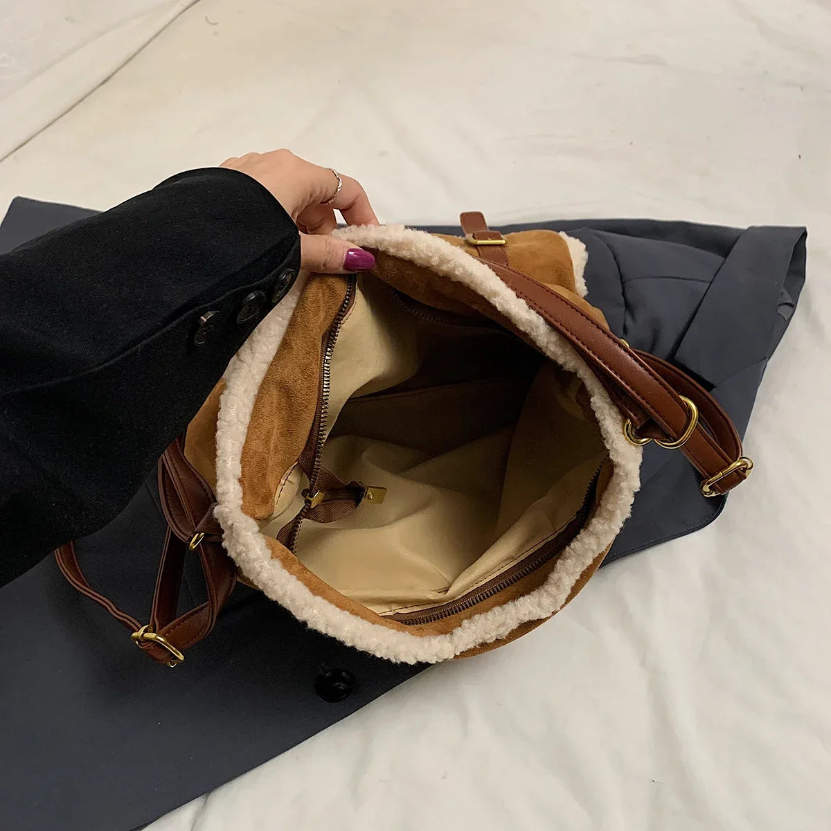eybag - Retro PU Leather Double Pockets Shoulder Bag for Women 2024 Winter Trend New Y2K Plush Handbags Females Crossbody Bags