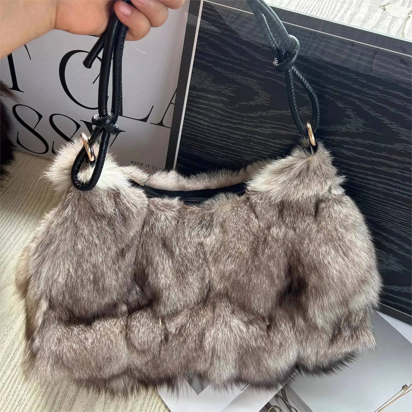 eybag - NEW Real Fox Fur Woman Ladies Crossbody Bags Designer Luxury Handbags Women Handbag Shoulder Bag Fuzzy Fluffy Tote Bag