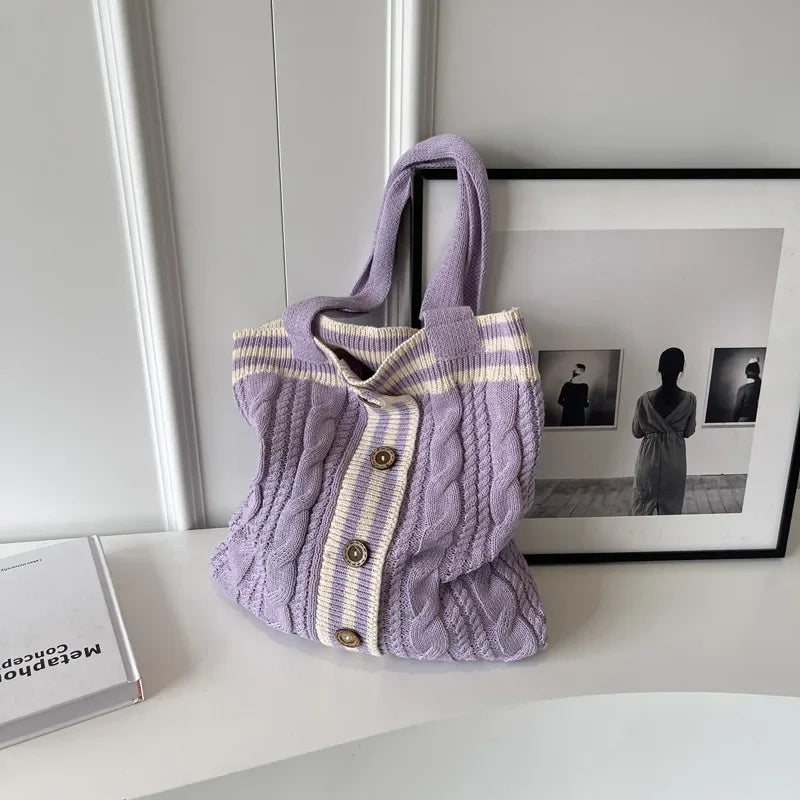 eybag - Autumn and Winter New Contrast Color Knitted Bag Women's Commuter Handbag Fashion Large Capacity One Shoulder Bag
