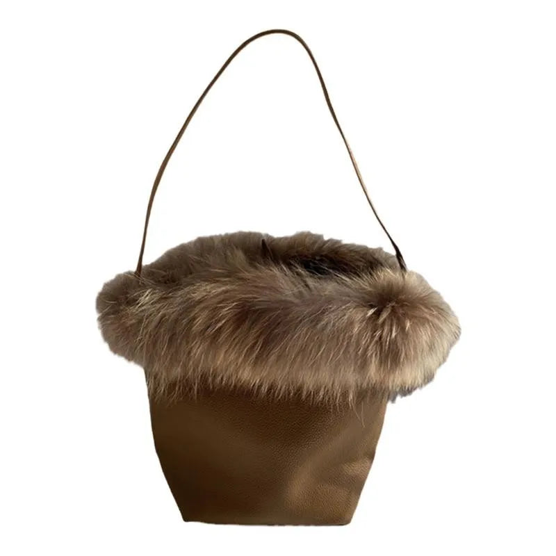 eybag - NEW fur Leather Bucket Bag for Women New Vintage messenger High Quality Simple Handbag Lady Shoulder Luxury bag female