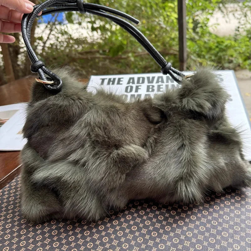 eybag - NEW Real Fox Fur Woman Ladies Crossbody Bags Designer Luxury Handbags Women Handbag Shoulder Bag Fuzzy Fluffy Tote Bag