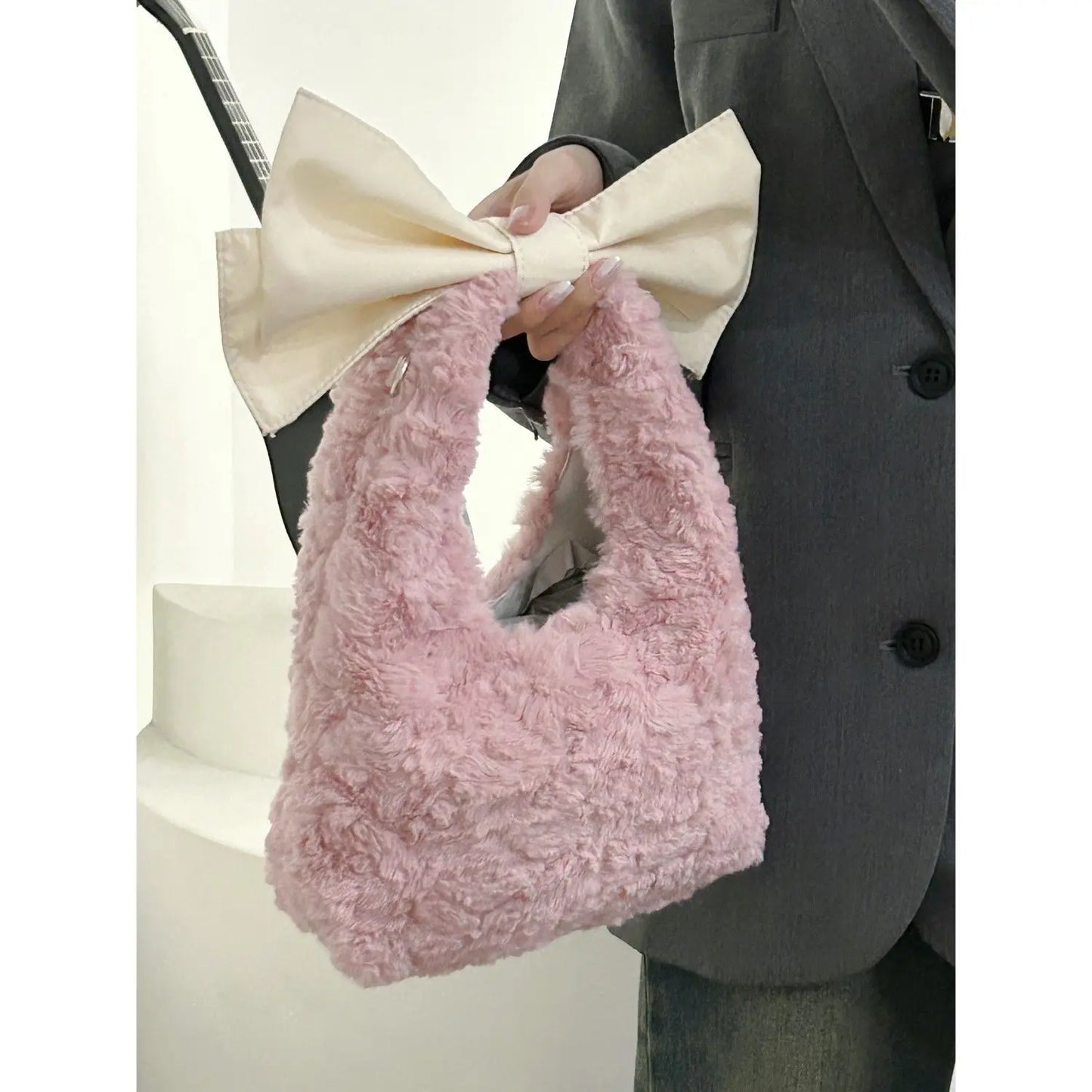 eybag - Korean Instagram Style Pink Girl Plush Bag New Autumn Winter Niche Korean Version Versatile and Simple Bow Handbag