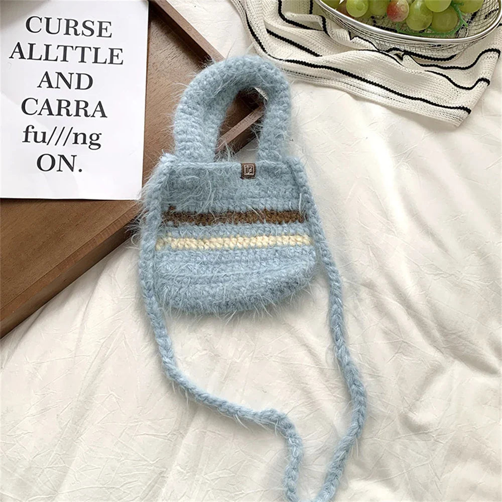 eybag - Coarse Crochet Knitted Shopping Bag Women's Winter Clashing Wool Tote Bag Mini Plush Crossbody Shoulder Bag Mobile Phone Handbag