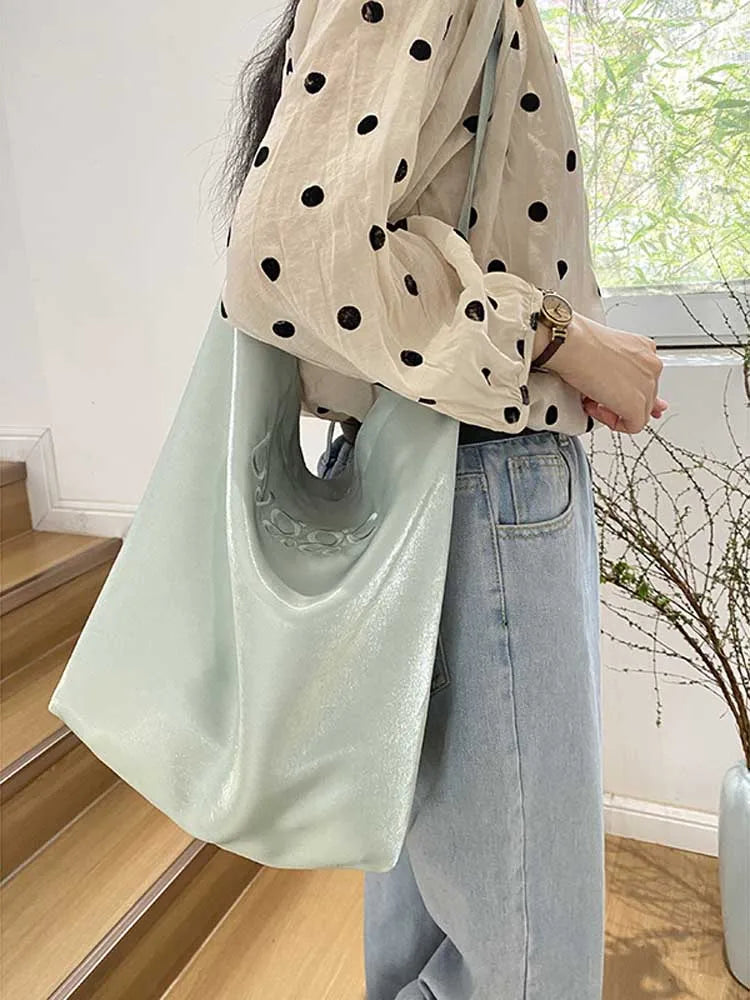 eybag - Women's Single Shoulder Bag Letter Embroidery Satin Large Capacity Tote Bags Leisure Commuter Handbag Lightweight