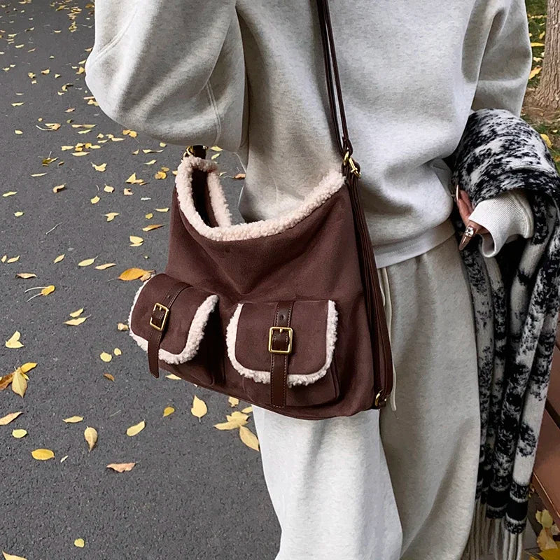 eybag - Retro PU Leather Double Pockets Shoulder Bag for Women 2024 Winter Trend New Y2K Plush Handbags Females Crossbody Bags