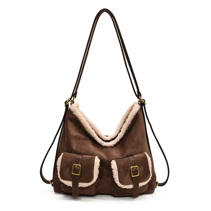 eybag - Retro PU Leather Double Pockets Shoulder Bag for Women 2024 Winter Trend New Y2K Plush Handbags Females Crossbody Bags
