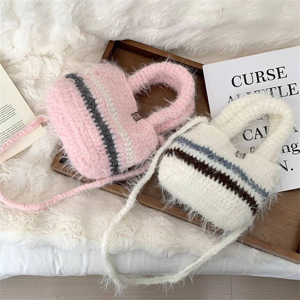 eybag - Coarse Crochet Knitted Shopping Bag Women's Winter Clashing Wool Tote Bag Mini Plush Crossbody Shoulder Bag Mobile Phone Handbag