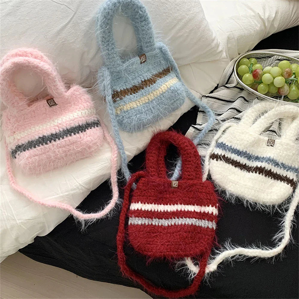 eybag - Coarse Crochet Knitted Shopping Bag Women's Winter Clashing Wool Tote Bag Mini Plush Crossbody Shoulder Bag Mobile Phone Handbag