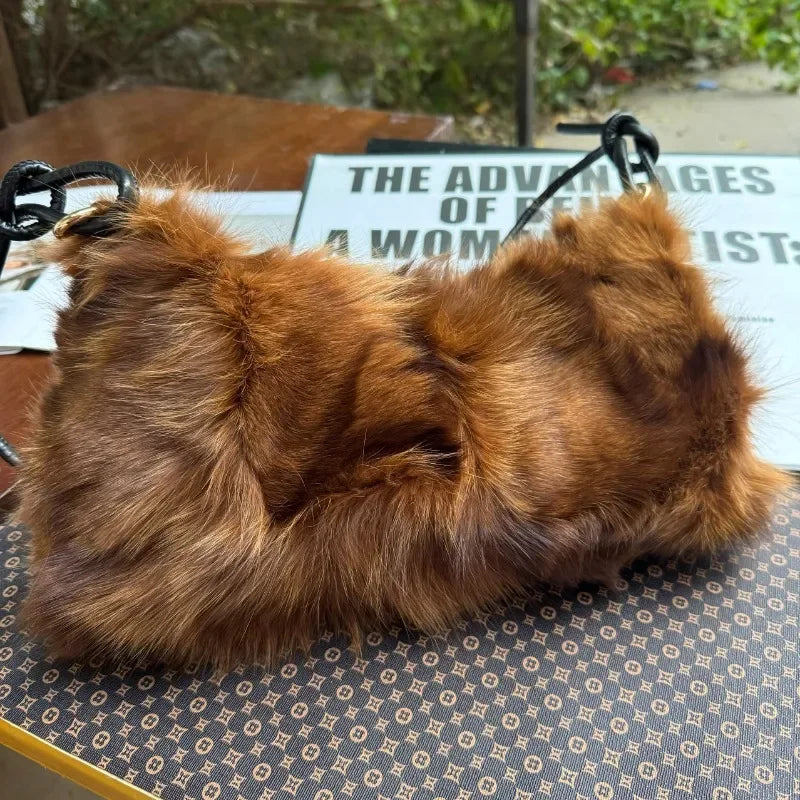 eybag - NEW Real Fox Fur Woman Ladies Crossbody Bags Designer Luxury Handbags Women Handbag Shoulder Bag Fuzzy Fluffy Tote Bag