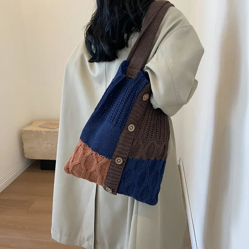 eybag - Autumn and Winter New Contrast Color Knitted Bag Women's Commuter Handbag Fashion Large Capacity One Shoulder Bag