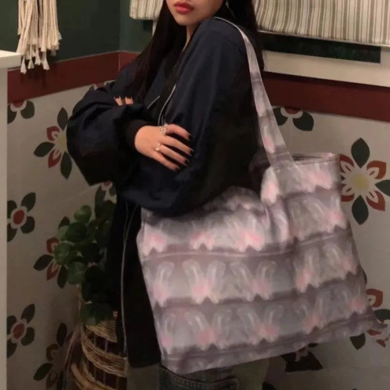 eybag - Butterfly Print Large Capacity Tote Bag Women Fairycore Aesthetic Canvas Casual Handbag Ladies Harajuku Shoulder Bags