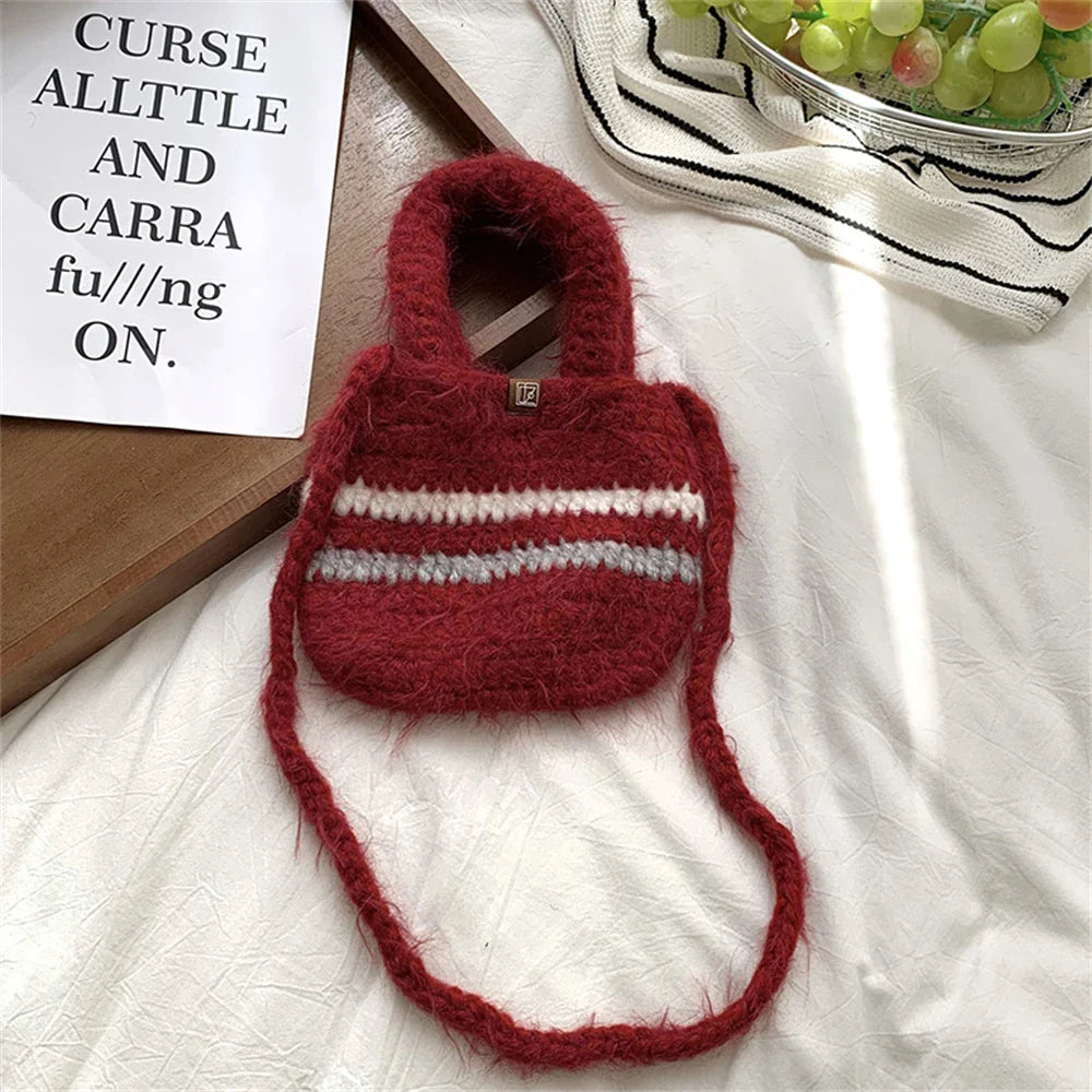 eybag - Coarse Crochet Knitted Shopping Bag Women's Winter Clashing Wool Tote Bag Mini Plush Crossbody Shoulder Bag Mobile Phone Handbag