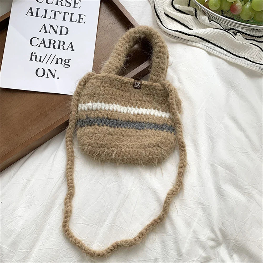eybag - Coarse Crochet Knitted Shopping Bag Women's Winter Clashing Wool Tote Bag Mini Plush Crossbody Shoulder Bag Mobile Phone Handbag