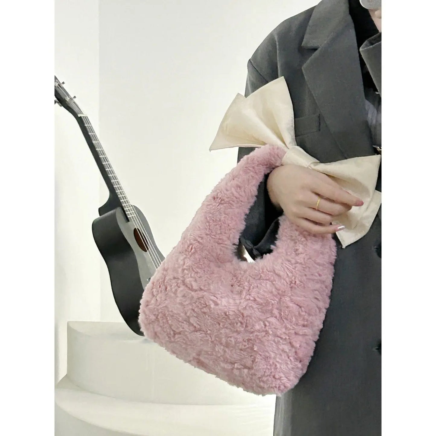 eybag - Korean Instagram Style Pink Girl Plush Bag New Autumn Winter Niche Korean Version Versatile and Simple Bow Handbag