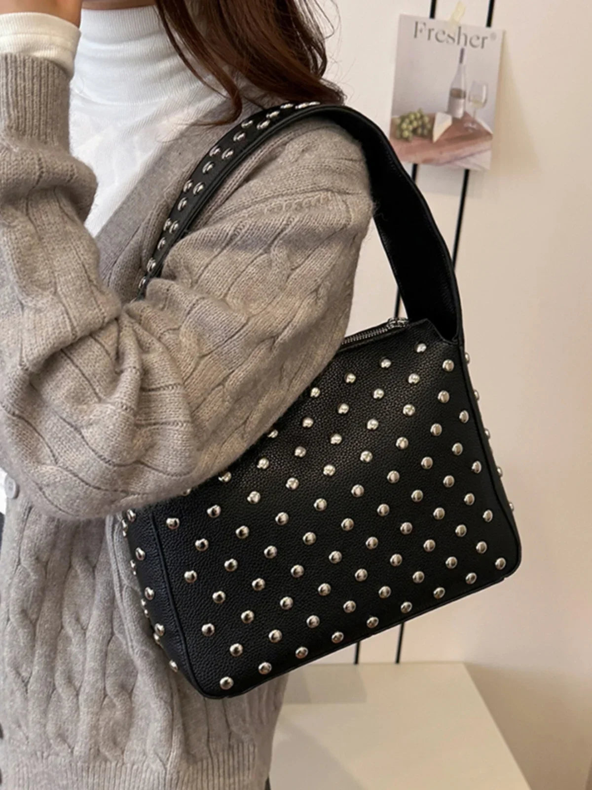 eybag - 2024 Autumn and Winter New Rivets Handbag Underarm Bag Women's Bag Street Trend Punk Women's Shoulder Bag Handbag