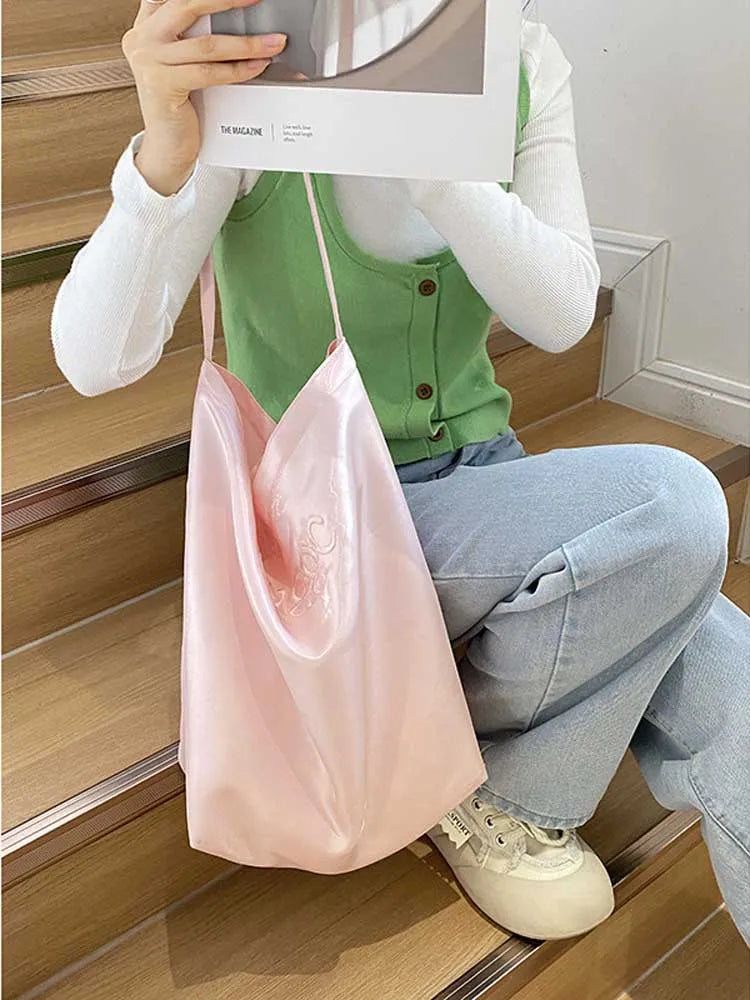 eybag - Women's Single Shoulder Bag Letter Embroidery Satin Large Capacity Tote Bags Leisure Commuter Handbag Lightweight