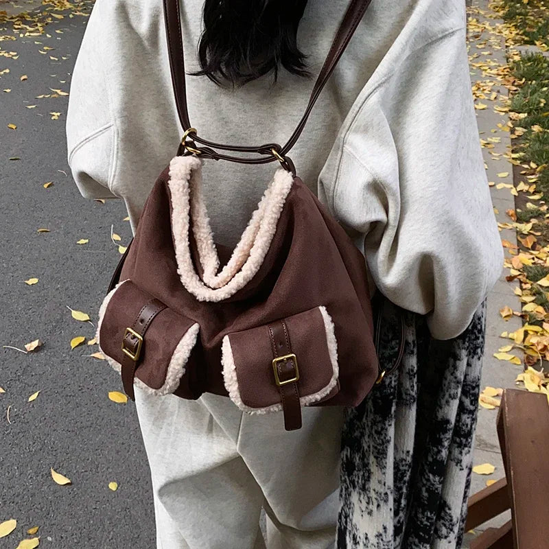 eybag - Retro PU Leather Double Pockets Shoulder Bag for Women 2024 Winter Trend New Y2K Plush Handbags Females Crossbody Bags