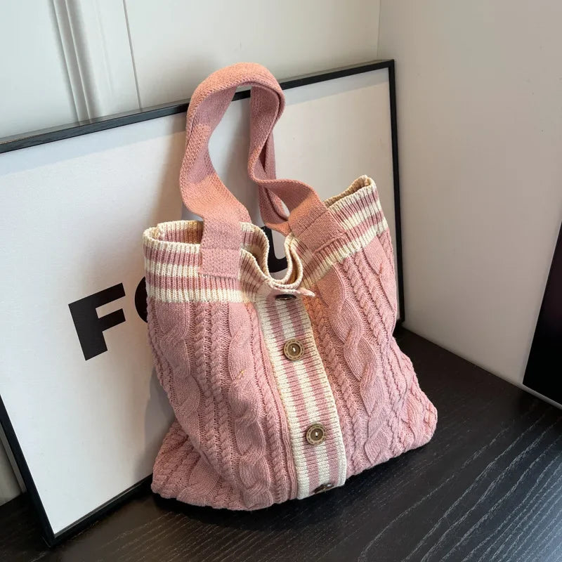 eybag - Autumn and Winter New Contrast Color Knitted Bag Women's Commuter Handbag Fashion Large Capacity One Shoulder Bag