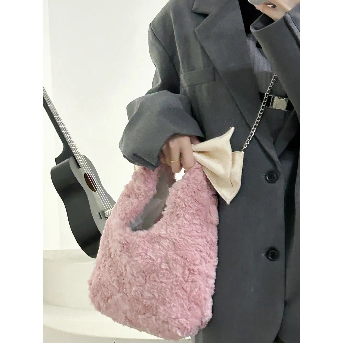 eybag - Korean Instagram Style Pink Girl Plush Bag New Autumn Winter Niche Korean Version Versatile and Simple Bow Handbag
