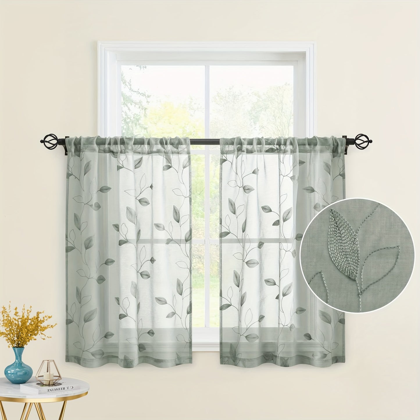 2pcs Sheer Curtains With Embroidery Leaf Pattern, Rod Pocket Faux Linen Floral Semi Curtains Voile Window Curtains Kitchen Curtains, Drapes for Bedroom Living Room