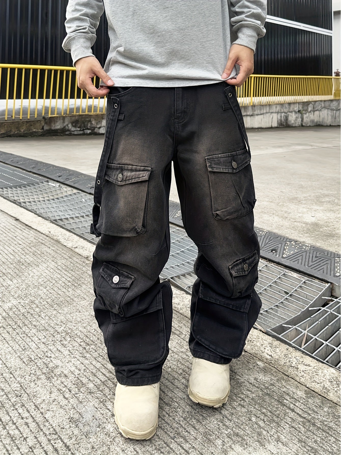 Men's Casual Loose Fit Cotton Denim Cargo Pants - All-Season Wear, Drawstring Waist