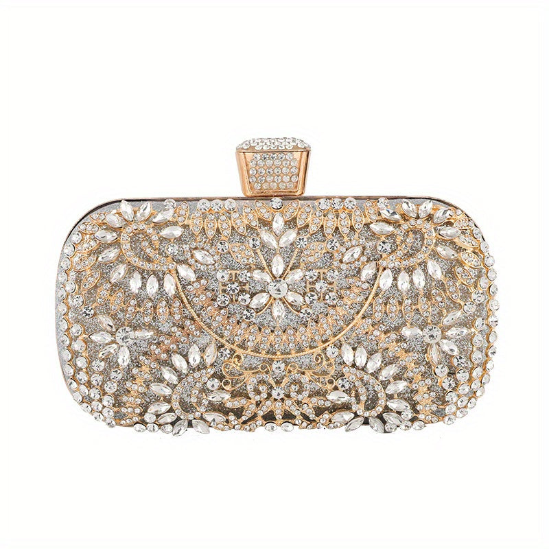 Hollow Rhinestone Flower Evening Bag, Luxury Box Clutch Purse, Women's Handbag For Wedding Party Prom Banquet And For Music Festival