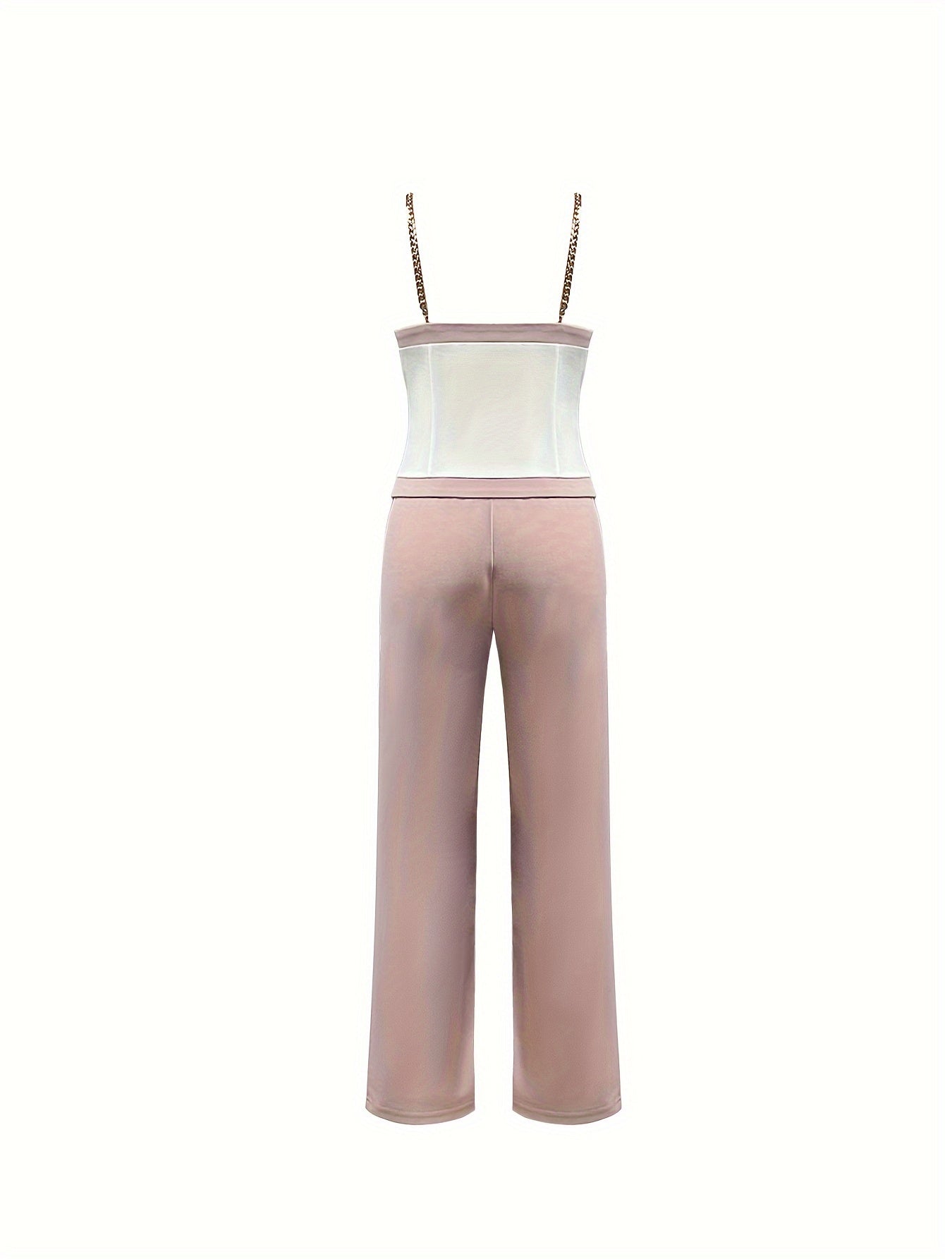 Stylish Color Block Pants Set - Women's Clothing - Double-Breasted Chain Strap Top & Straight Leg Pants Outfits with Elegant Design, Comfortable Wear, and Versatile Style for Daily Life