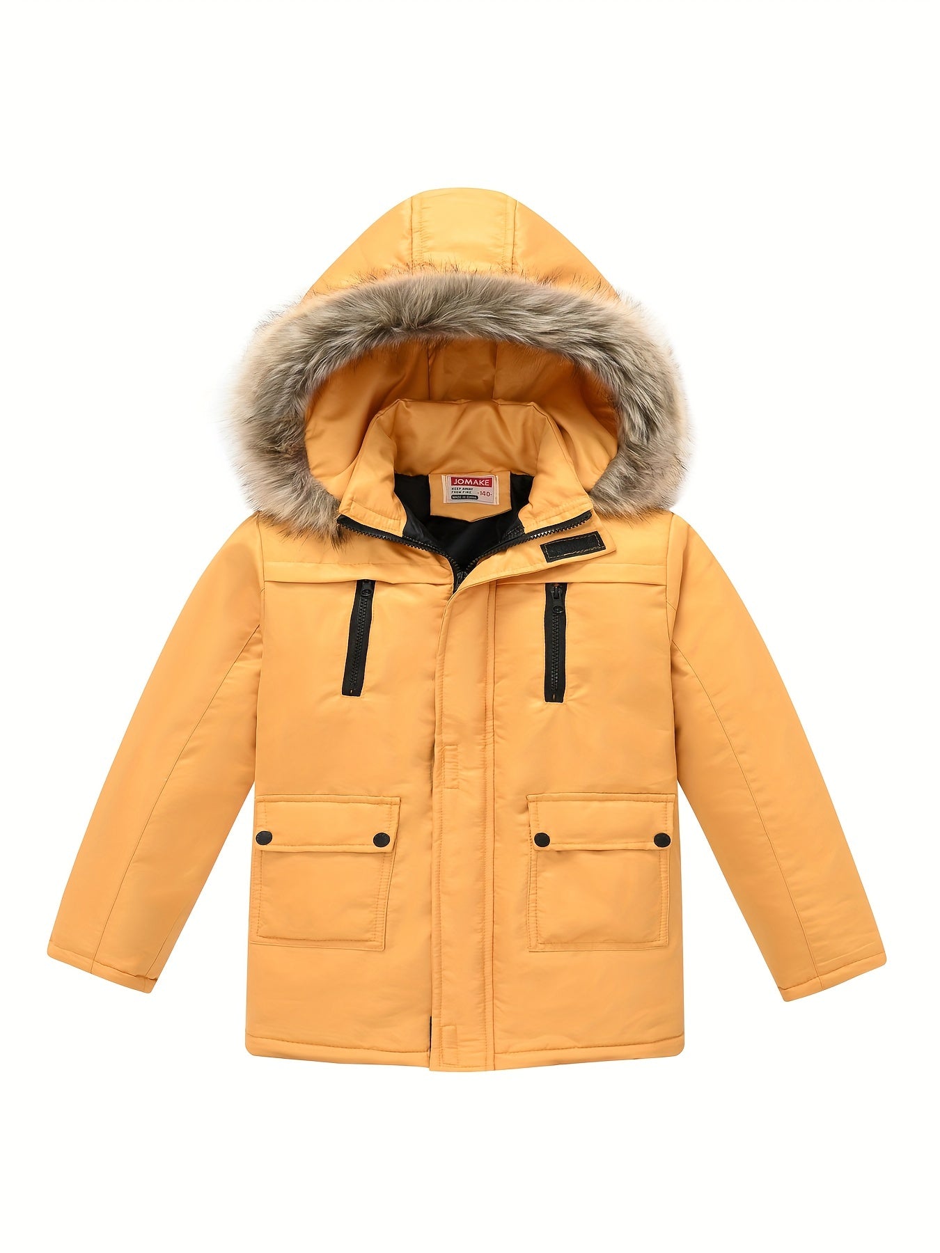Teenagers Lapel Collar Winter Coat - Detachable Hood, Zipper Closure, Polyester Fabric, Regular Fit, Hand Washable - Solid Color, Casual Style, Woven Construction