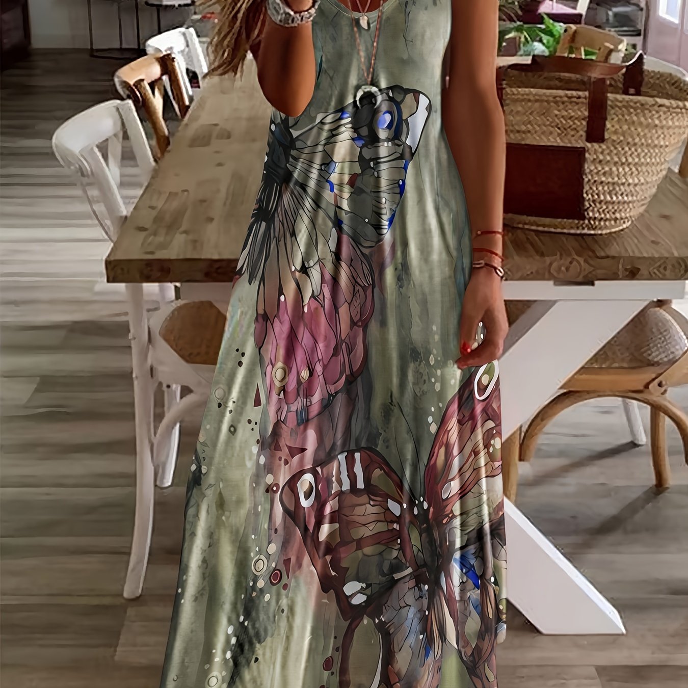 Butterfly Print V-Neck Casual Dress - Lightweight & Feminine for Spring & Summer - Short Sleeve, Comfortable Fit - Trendy Womens Clothing for Warm Weather
