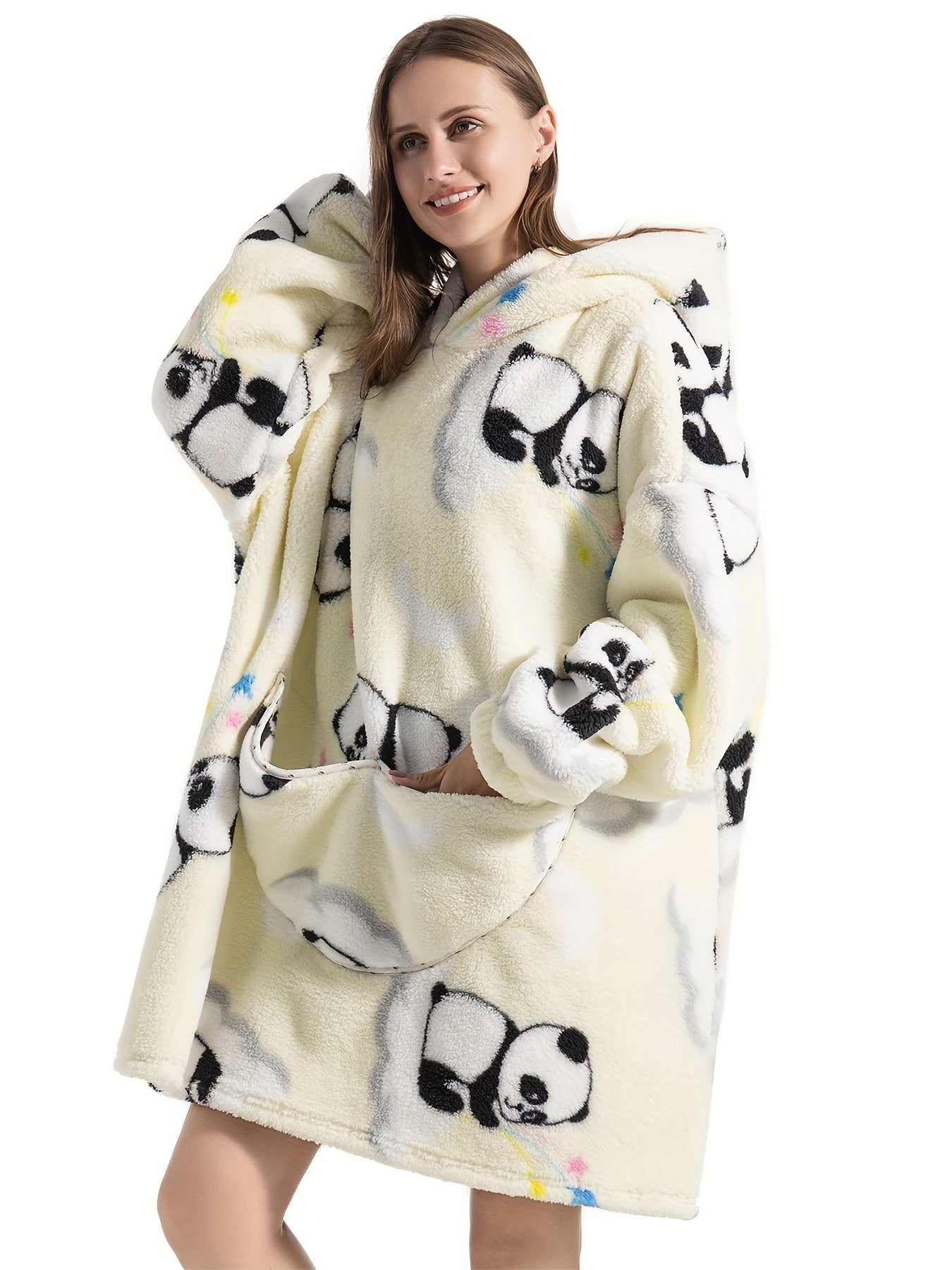 Plus Size Cute Lounge Robe, Women's Plus Panda Pattern Flannel Ultra Soft Oversized Fleece Hooded Fluffy Wearable Blanket With Pockets