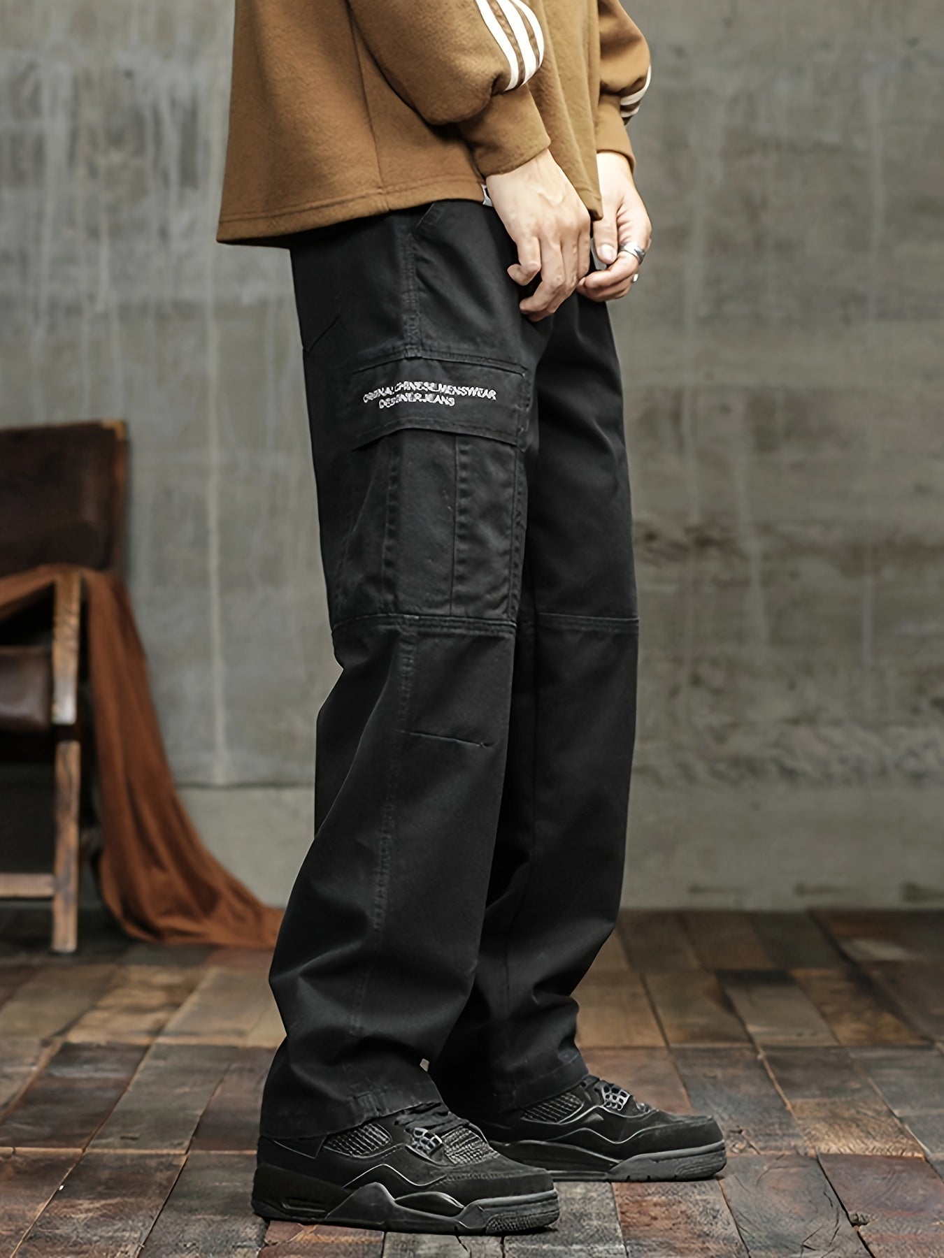 Men's Stylish 100% Cotton Loose Solid Pants With Pockets, Casual Breathable Comfy Trousers For City Walk Street Hanging Outdoor Activities
