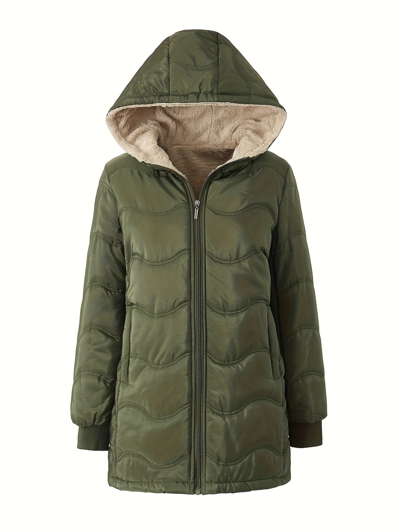 Winter Warmth Quilted Down Jacket - Cotton-Padded Jacket Coat with Full Zip, Long Sleeve, Hooded, Dual Pockets, Solid Color, Casual Style for Women - Perfect for Cold Weather